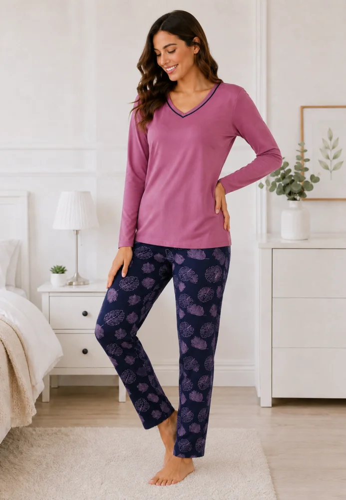 Pijama Dama cu Bluza Mov cu Maneca Lunga si Pantalon Lung Bleumarin cu Imprimeu Frunze