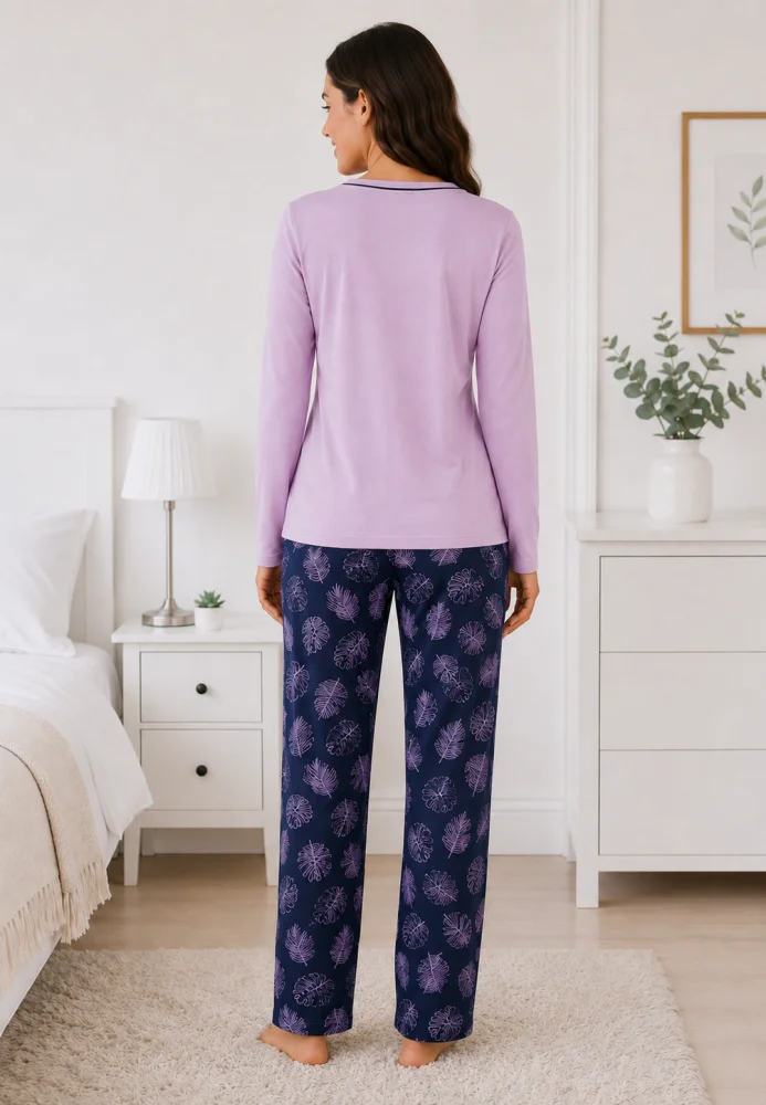 Pijama Dama cu Bluza cu Maneca Lunga si Pantalon Lung Bleumarin cu Imprimeu Frunze