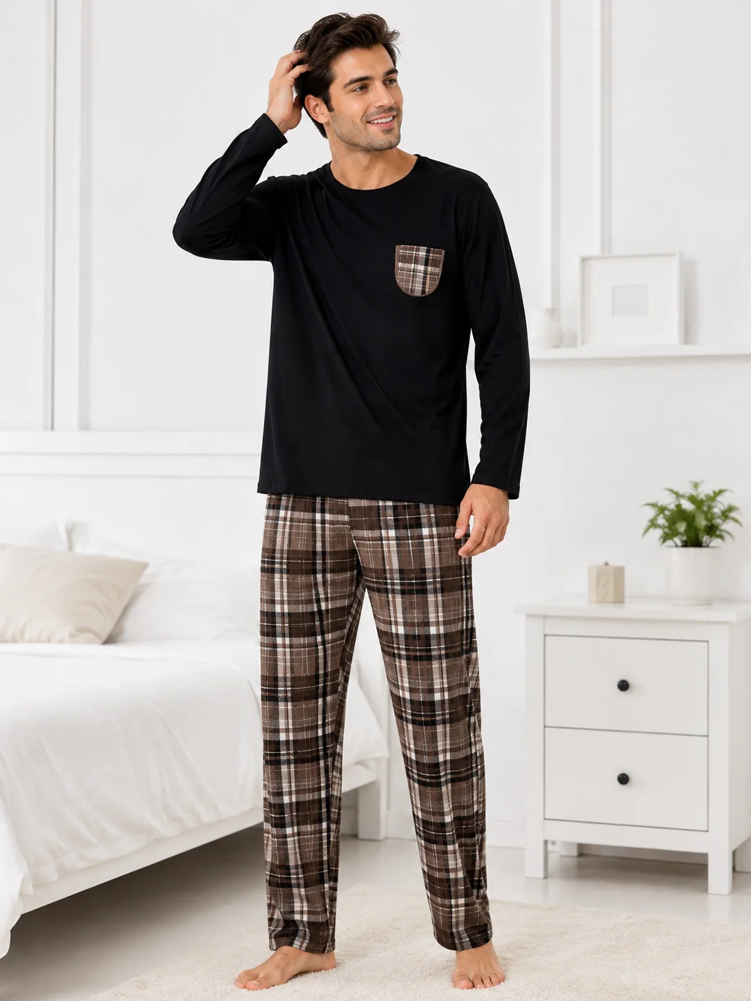 Pijama Bărbați, Bluza cu Mâneci Lungi și Pantalon Lung în Carouri, Negru și Maro, Bumbac — imagine 2