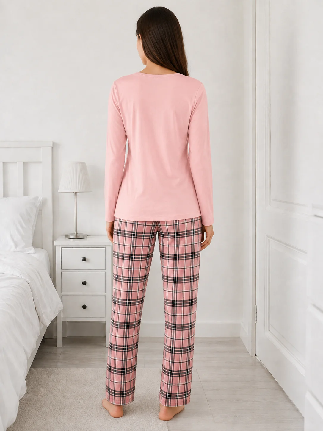 Pijama dama Roz Pudra, bluza cu maneca lunga si imprimeu ceasca de cafea, pantaloni lungi carouri — imagine 2