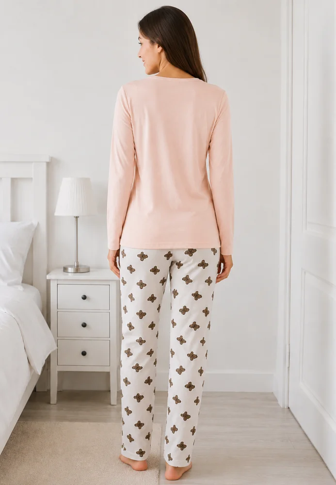 Pijama dama Roz Pudra/Alb, bluza cu maneca lunga si imprimeu ursuti, pantaloni lungi cu model ursuleti
