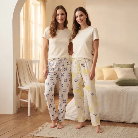 Pantaloni pijama damă,  talie elastică, imprimeu Panda și Cute Duck, Multicolori