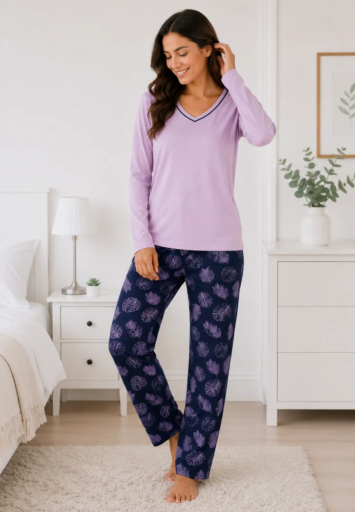 Pijama Dama cu Bluza cu Maneca Lunga si Pantalon Lung Bleumarin cu Imprimeu Frunze