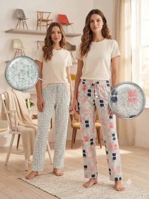 Pantaloni de pijamă dama, model cu Imprimeu, snur decorativ în talie, multicolor
