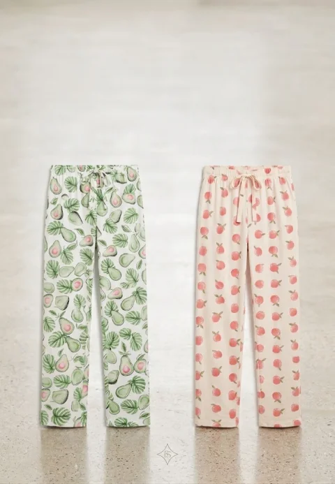 Pantaloni pijama dama (Set 2 piese), bumbac, model avocado si fructe