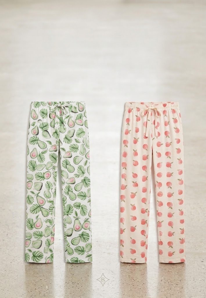 Pantaloni pijama dama (Set 2 piese), bumbac, model avocado si fructe