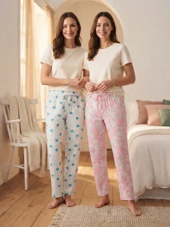 Pantaloni pijama damă,talie elastică, imprimeu Inimi și Floral, Multicolori