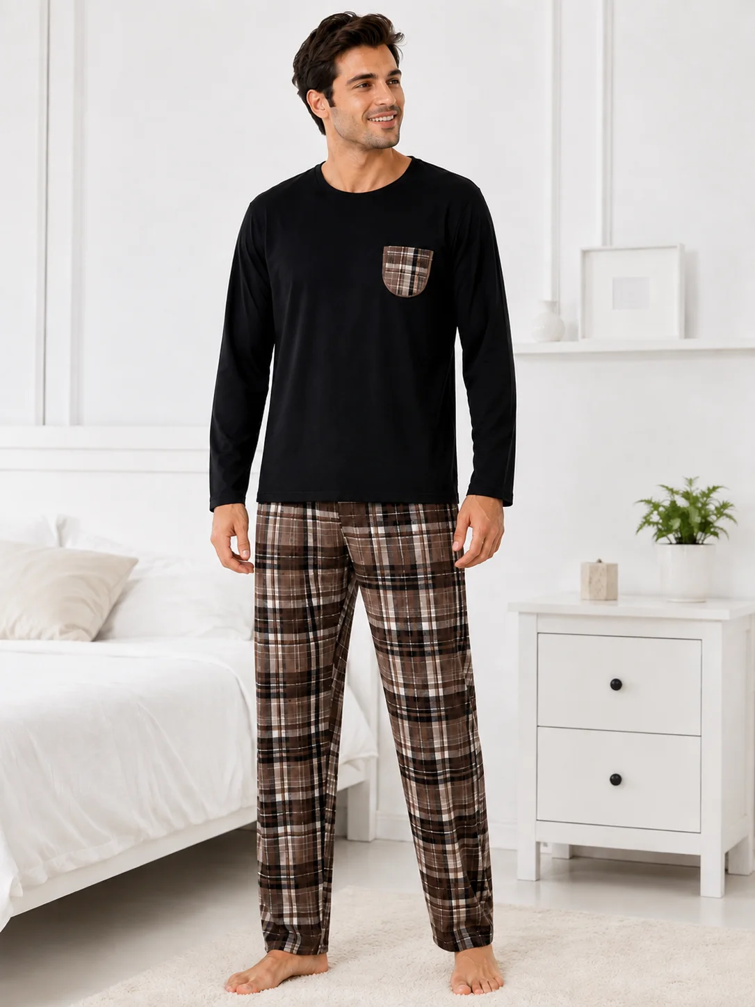 Pijama Bărbați, Bluza cu Mâneci Lungi și Pantalon Lung în Carouri, Negru și Maro, Bumbac — imagine 1