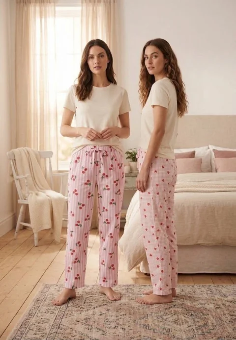 Pantaloni de  pijamă damă, Imprimeu Cireșe și Inimi, Talie Elastică cu Șnur Decorativ