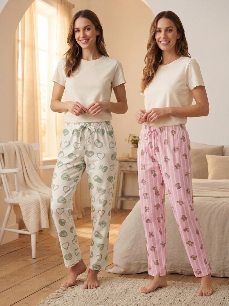 Pantaloni de Pijamă Damă, Imprimeu Inimi Verzi și Dungi Roz cu Ursuleți, Talie Elastică cu Șnur, Multicolor