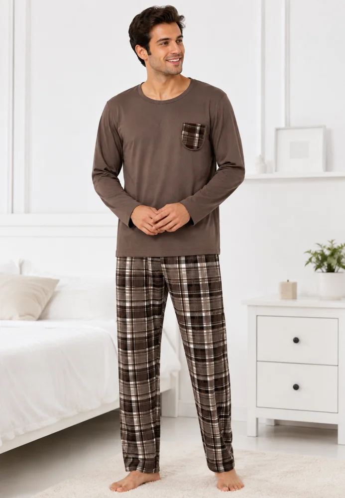 Pijama Bărbați cu Bluza Maro și Pantalon Lung în Carouri, Mâneci Lungi — imagine 4