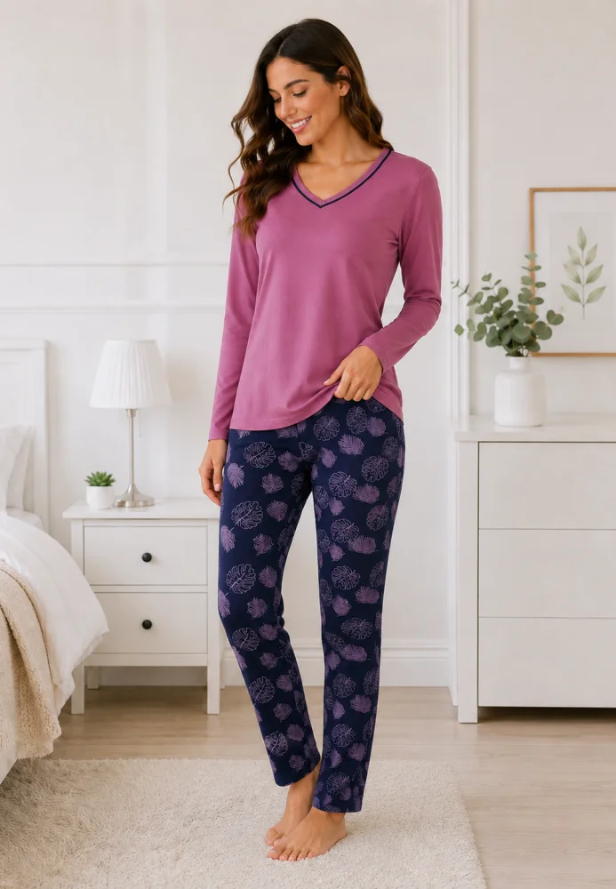 Pijama Dama cu Bluza Mov cu Maneca Lunga si Pantalon Lung Bleumarin cu Imprimeu Frunze