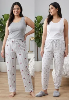 Pantaloni pijama dama Marimi Mari, set 2 perechi, Bumbac , Gri/Alb, Talie cu snur decorativ