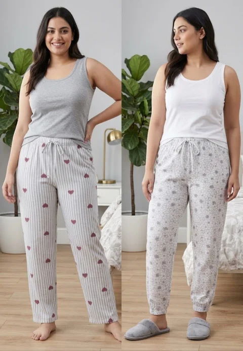 Pantaloni pijama dama Marimi Mari, set 2 perechi, Bumbac , Gri/Alb, Talie cu snur decorativ