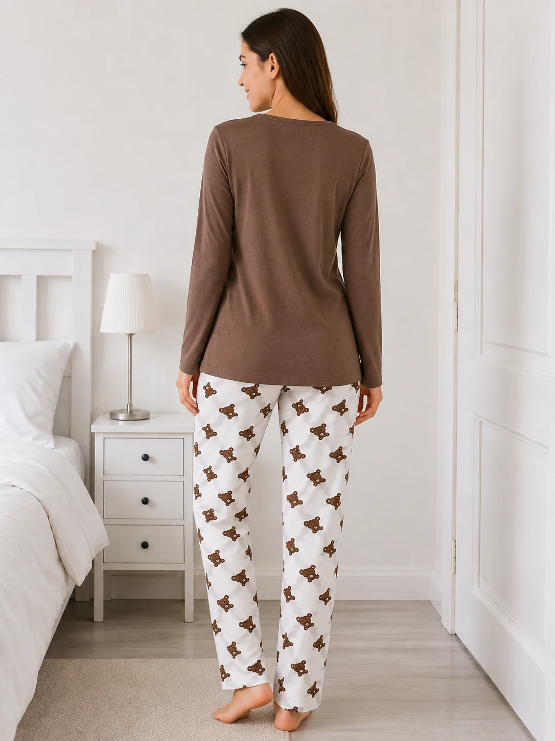 Pijama dama Maro, bluza cu maneca lunga si imprimeu ursuti, pantaloni lungi cu model ursuleti