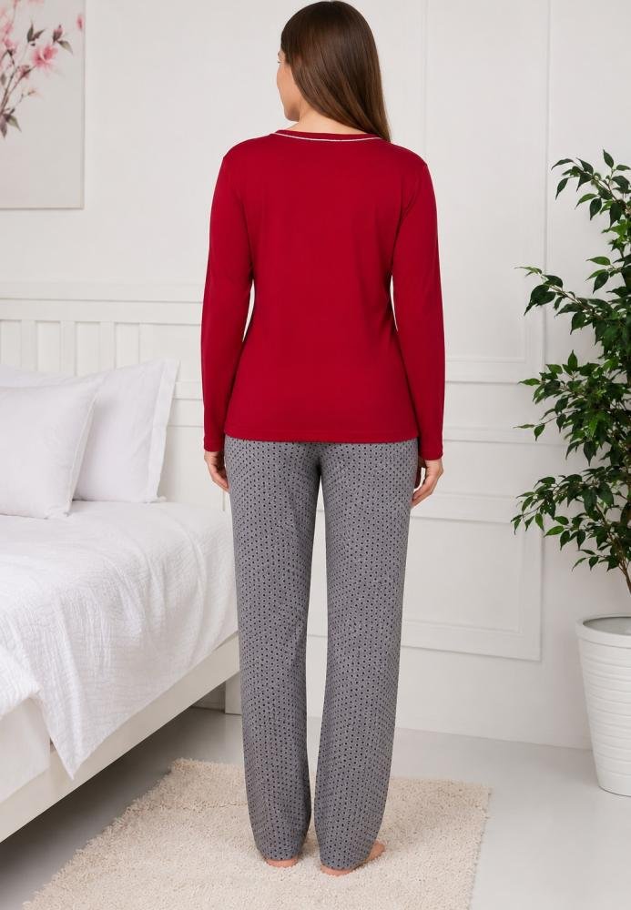 Pijama dama confortabila din bumbac,rou,cu maneca lunga si decolteu fin, pantalon lung gri cu imprimeu discret
