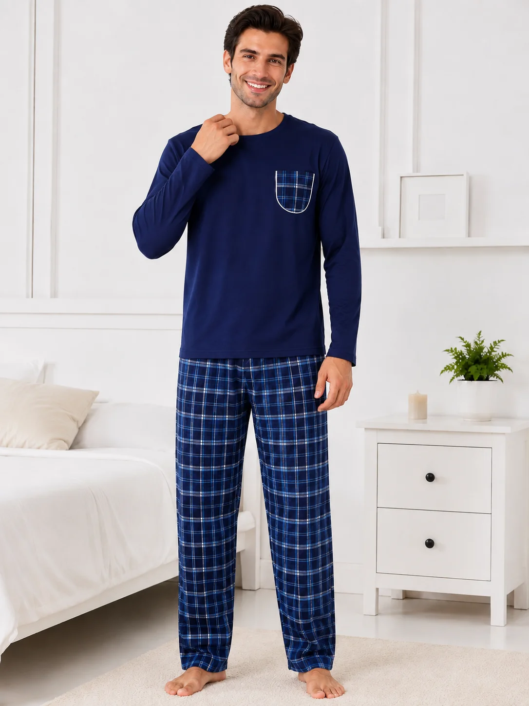Pijama Bărbați Călduroasă și Confortabilă, Bluză Navy cu Buzunar și Pantalon Carouri Plaid — imagine 4