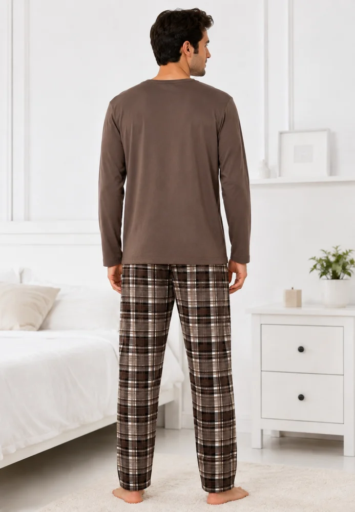 Pijama Bărbați cu Bluza Maro și Pantalon Lung în Carouri, Mâneci Lungi