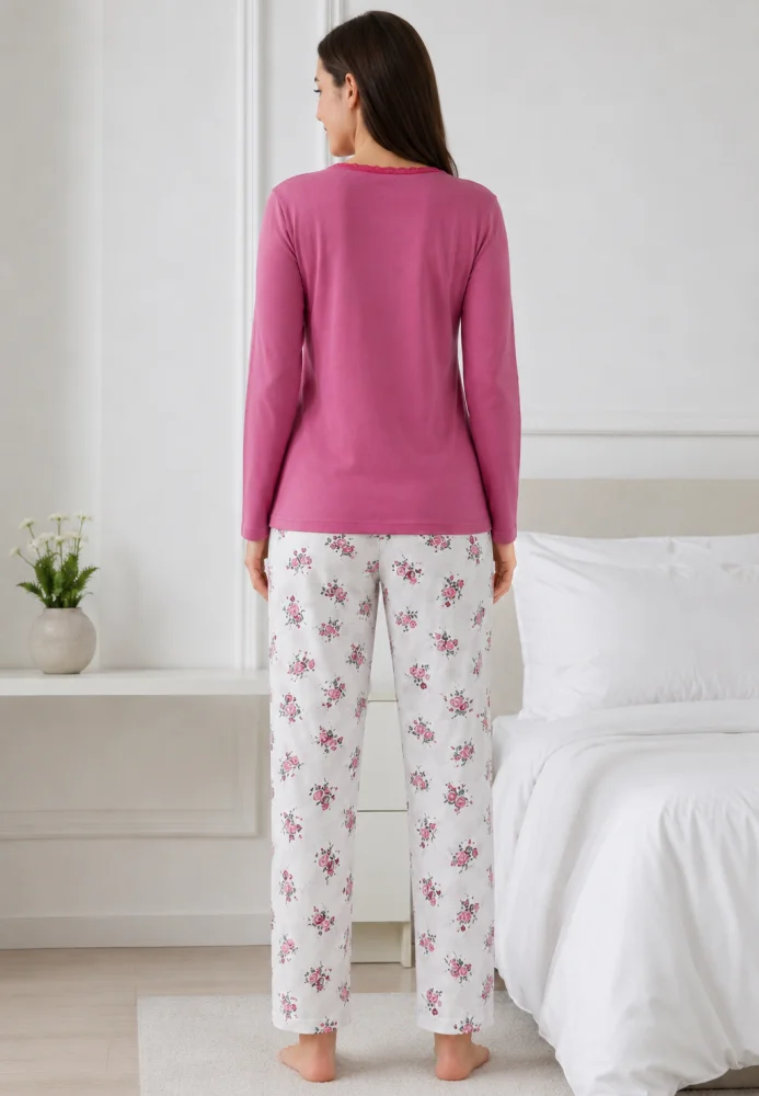 Pijama dama eleganta , bluza cu dantela la decolteu si pantalon alb cu imprimeu floral — imagine 2