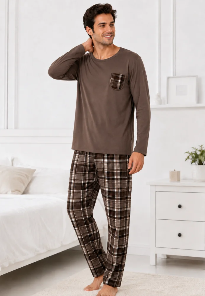 Pijama Bărbați cu Bluza Maro și Pantalon Lung în Carouri, Mâneci Lungi — imagine 3