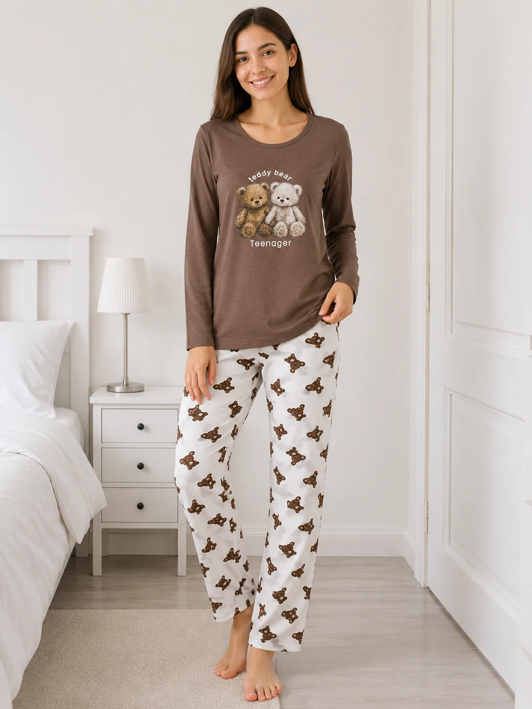 Pijama dama Maro, bluza cu maneca lunga si imprimeu ursuti, pantaloni lungi cu model ursuleti