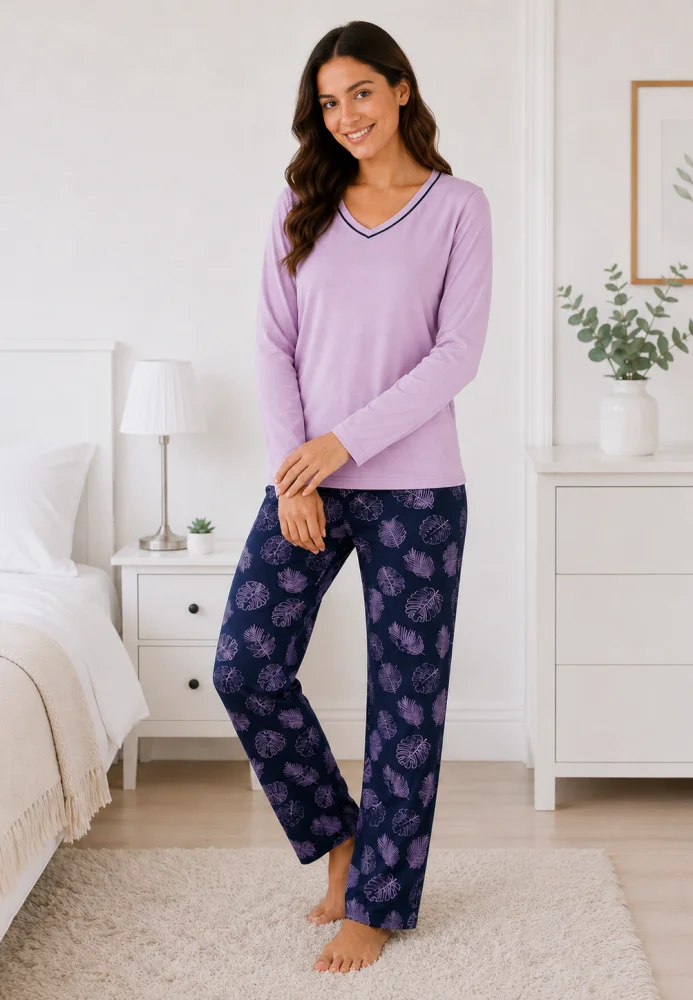 Pijama Dama cu Bluza cu Maneca Lunga si Pantalon Lung Bleumarin cu Imprimeu Frunze
