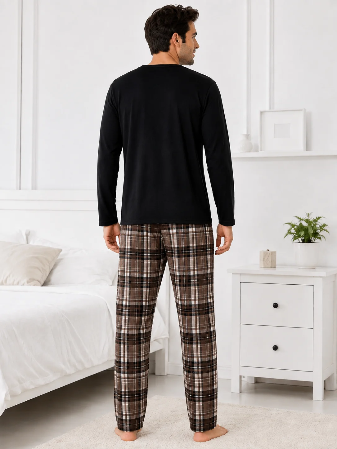 Pijama Bărbați, Bluza cu Mâneci Lungi și Pantalon Lung în Carouri, Negru și Maro, Bumbac — imagine 3