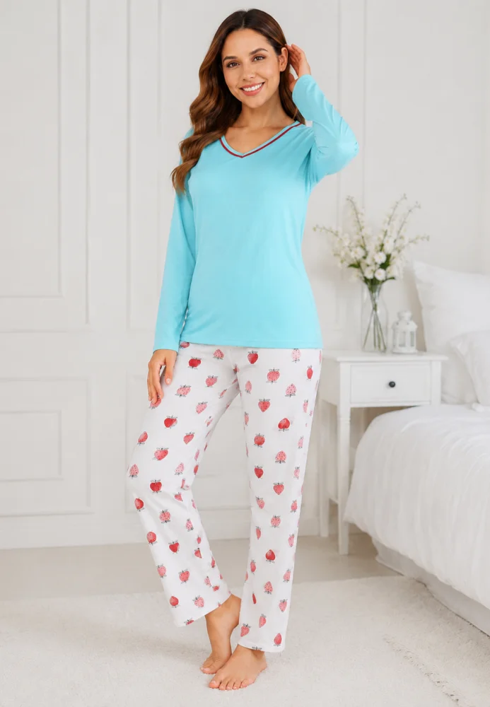 Pijama Damă cu Mâneci Lungi și Pantaloni Lungi, Turcoaz — imagine 2