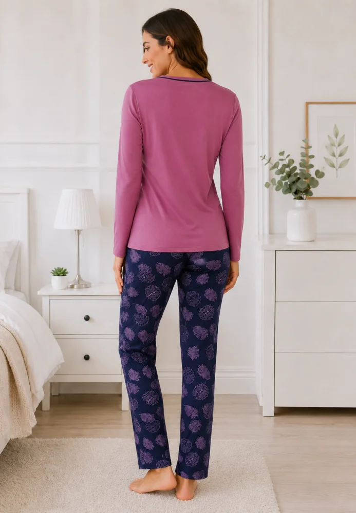 Pijama Dama cu Bluza Mov cu Maneca Lunga si Pantalon Lung Bleumarin cu Imprimeu Frunze