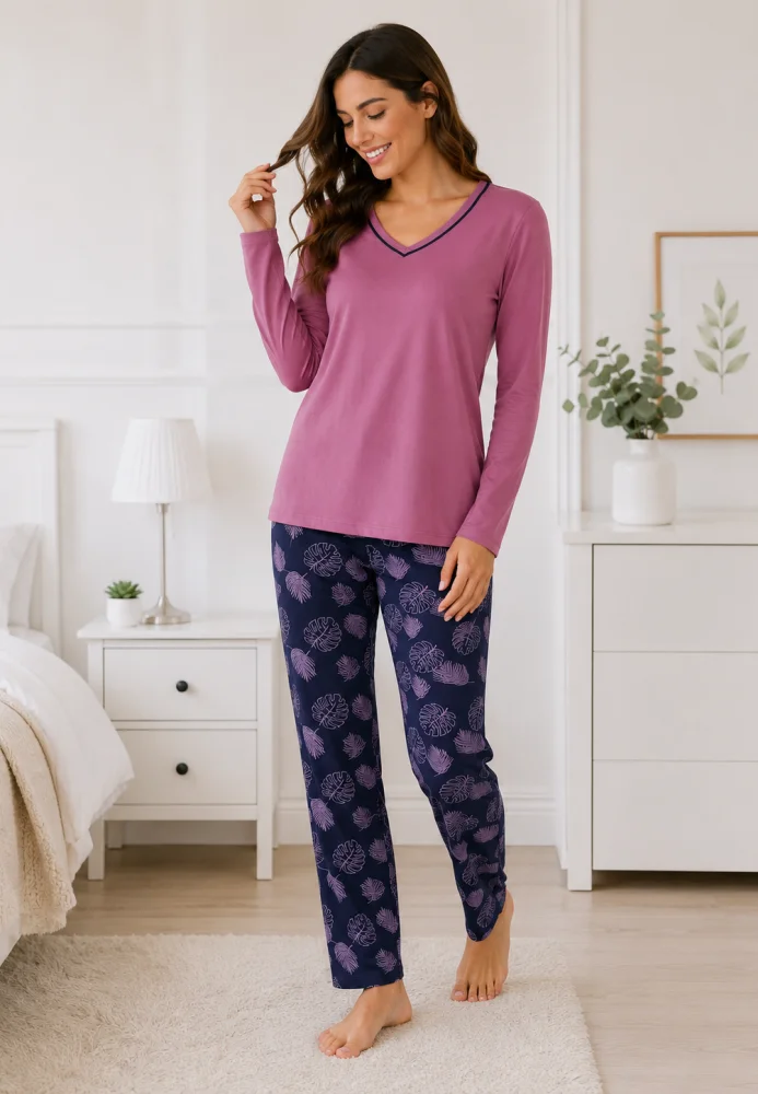 Pijama Dama cu Bluza Mov cu Maneca Lunga si Pantalon Lung Bleumarin cu Imprimeu Frunze