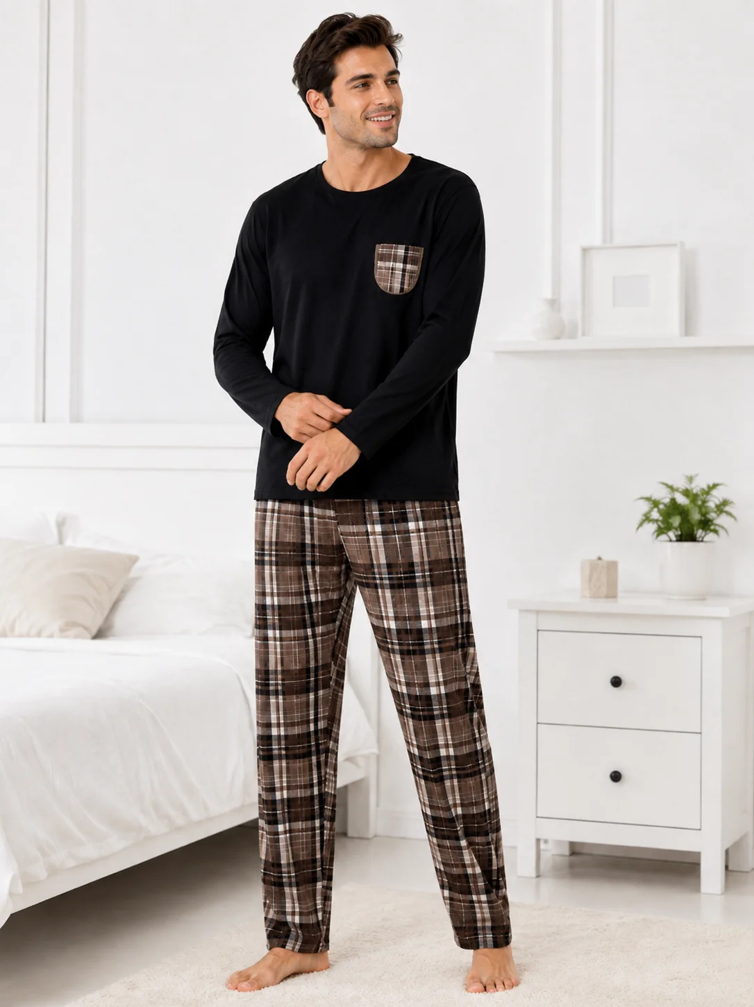 Pijama Bărbați, Bluza cu Mâneci Lungi și Pantalon Lung în Carouri, Negru și Maro, Bumbac — imagine 4