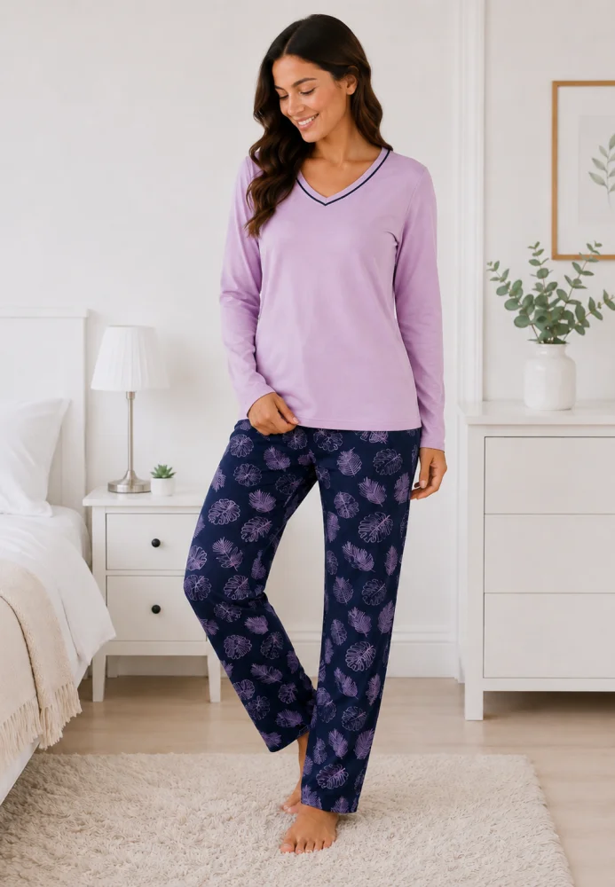 Pijama Dama cu Bluza cu Maneca Lunga si Pantalon Lung Bleumarin cu Imprimeu Frunze