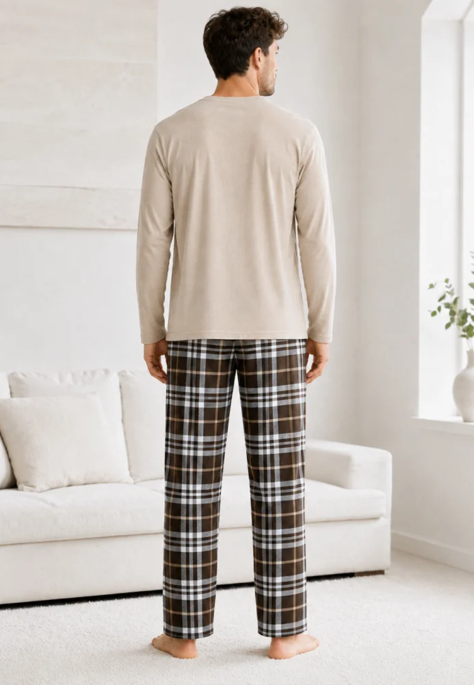 Pijama Bărbați Bej cu Bluză Mâneci Lungi și Pantaloni în Carouri Maro