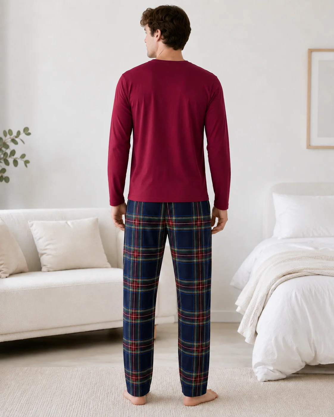 Pijama Bărbați Bordo cu Mânecă Lungă, Bumbac și Pantalon în Carouri Bleumarin
