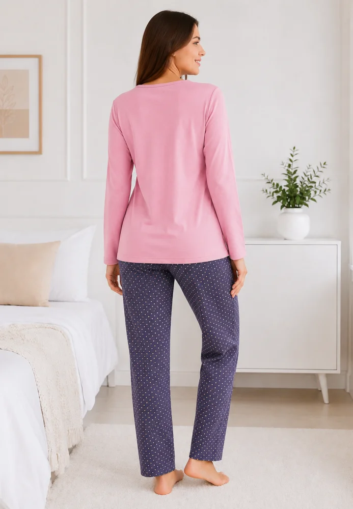 Pijama damă  cu fundiță și pantaloni gri cu buline fine, bumbac