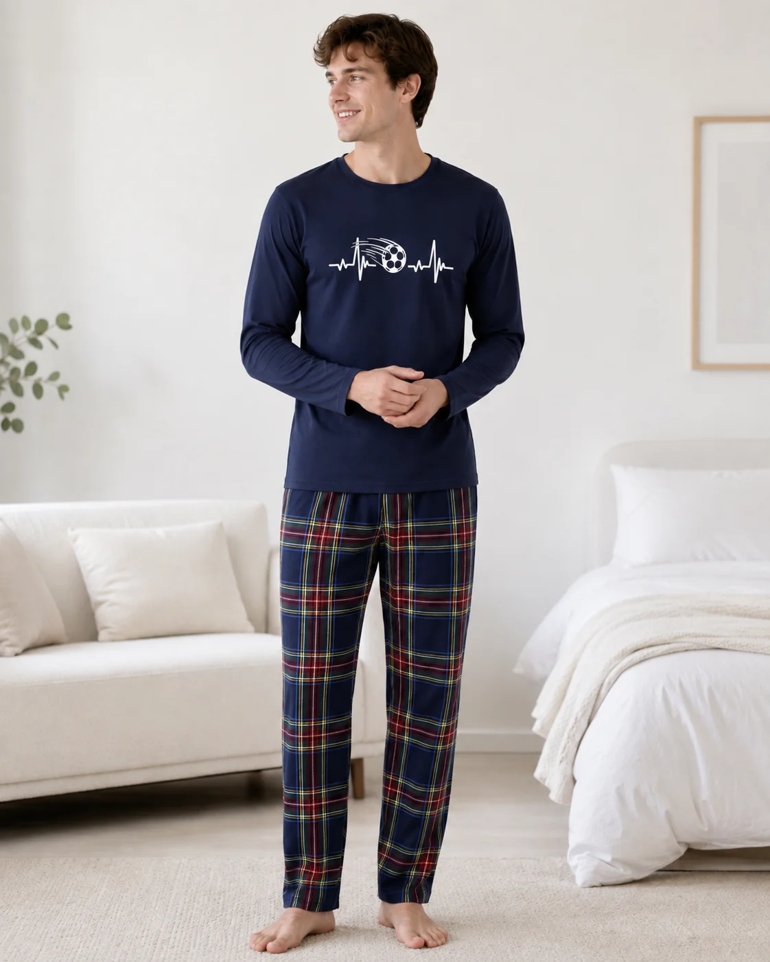 Pijama Bărbați cu Mânecă Lungă, bluză bumbac și pantalon în carouri,  Bleumarin și Pantalon Carouri