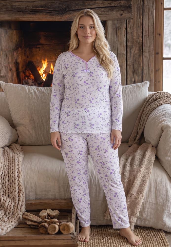 Pijama Damă Big Size, 100% Bumbac, Mânecă Lungă și Pantaloni Lungi, Imprimeu Floral Violet, Confortabilă și Elegantă
