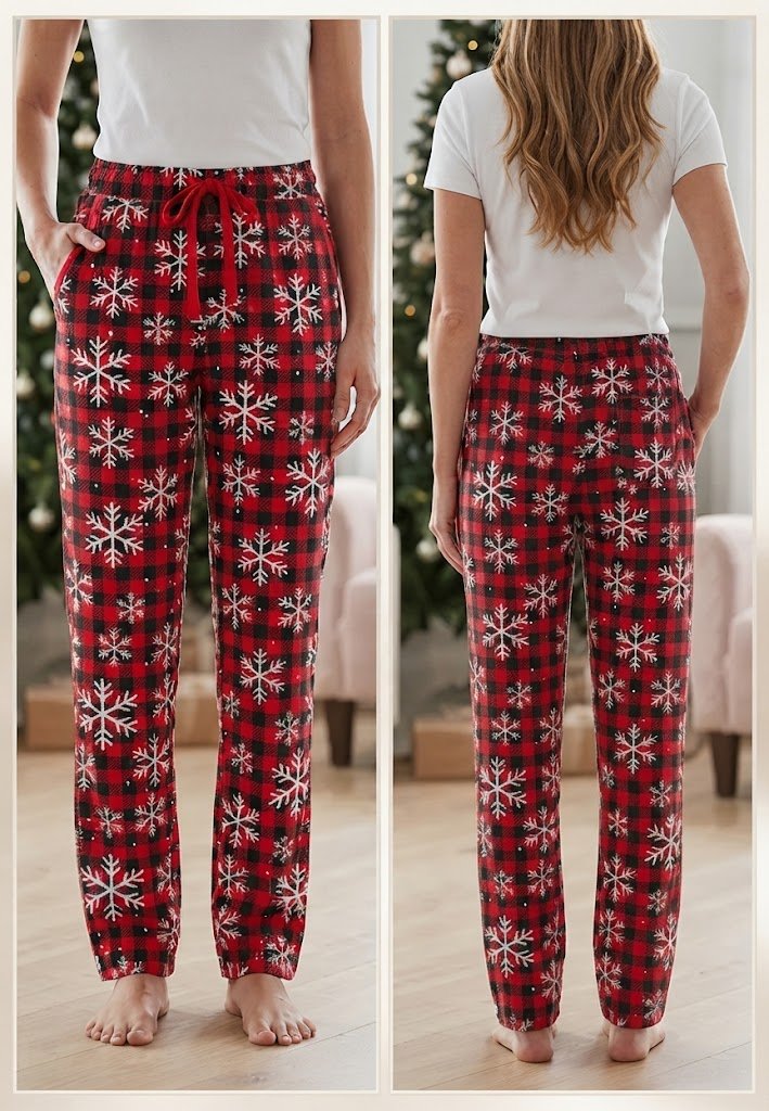 Pantaloni Pijama Damă 100% Bumbac, Model Festiv cu Fulgi de Nea, Croială Lejeră