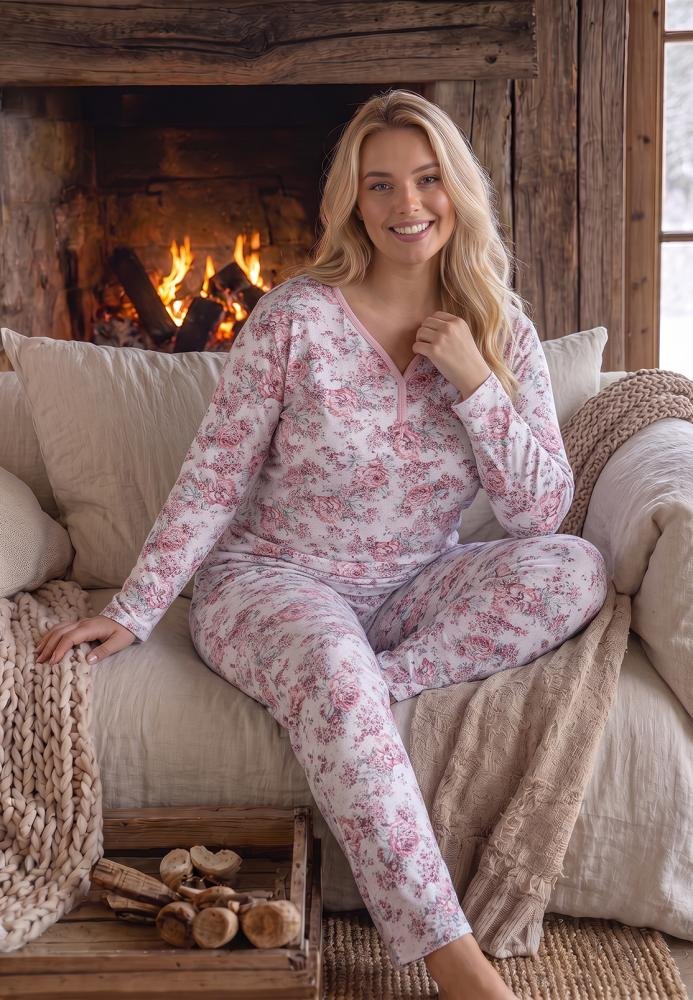 Pijama Damă Big Size,Mânecă Lungă și Pantaloni Lungi, 100% Bumbac, Imprimeu Floral