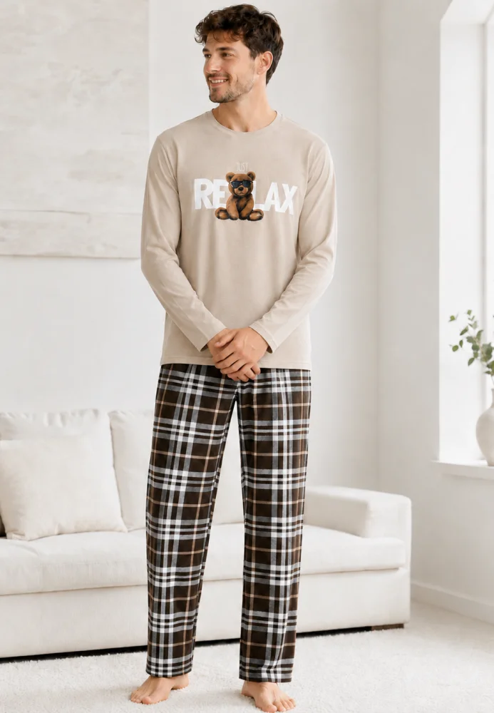 Pijama Bărbați Bej cu Bluză Mâneci Lungi și Pantaloni în Carouri Maro — imagine 1