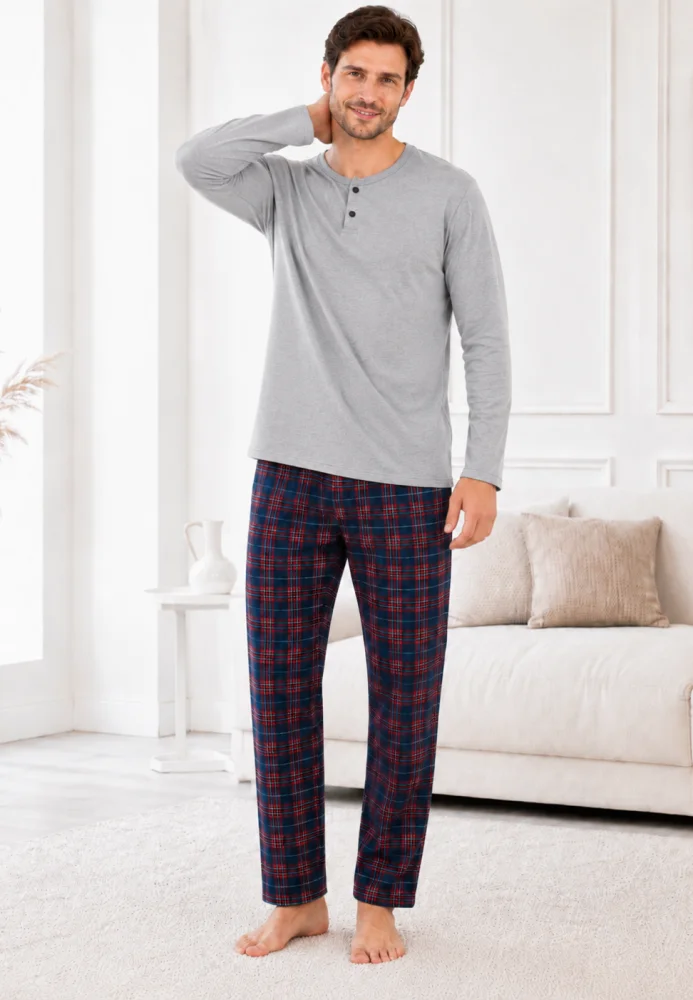 Pijama Bărbați Bumbac, Bluză Gri cu Nasturi și Pantalon Carouri Bleumarin