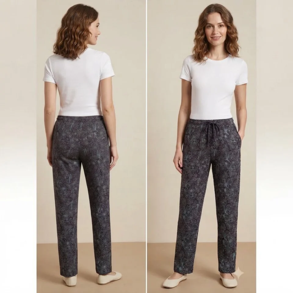 Pantaloni Pijama Damă 100% Bumbac, Imprimeu Floral Elegant, Croială Lejeră cu Șnur și Buzunare