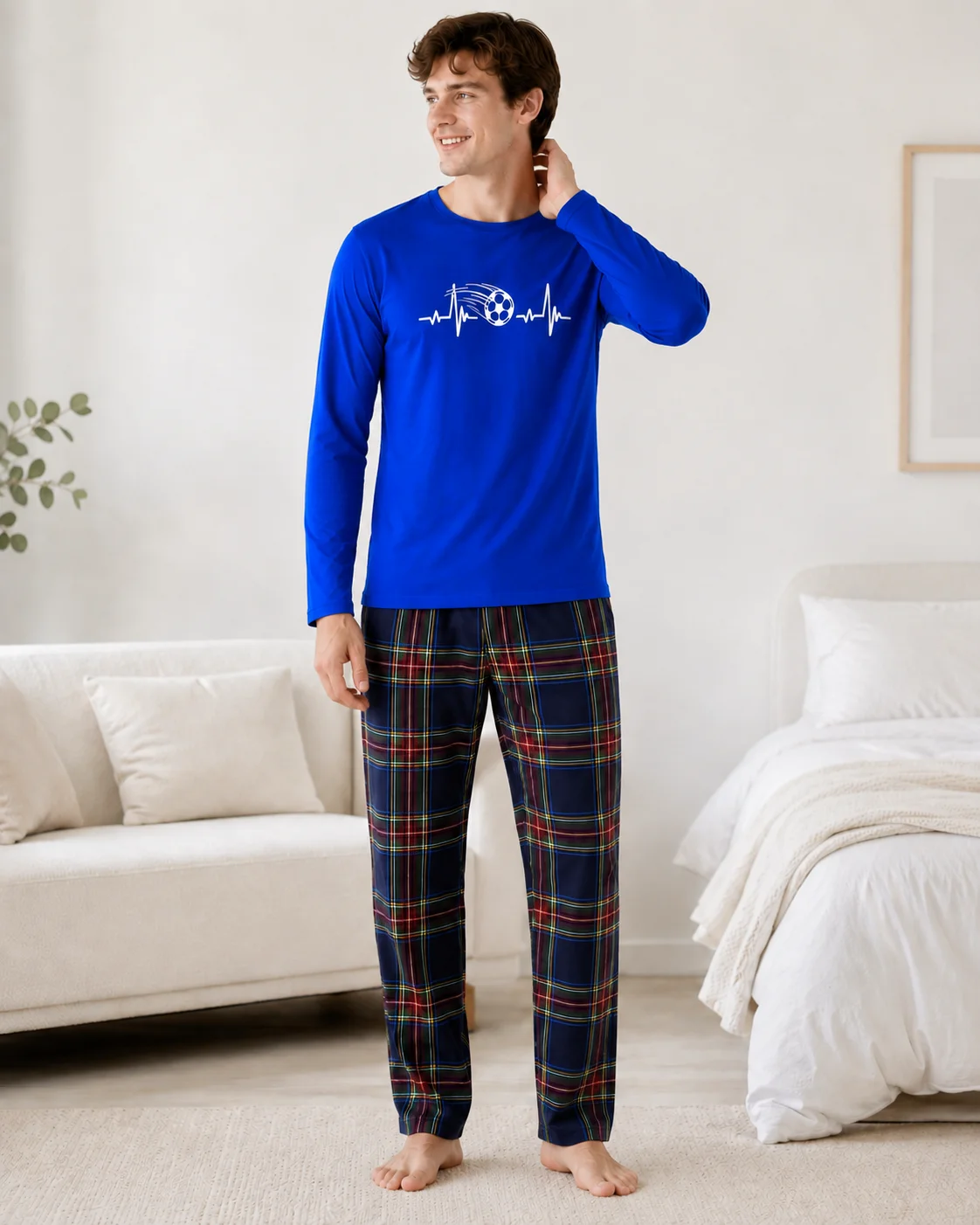 Pijama Bărbați Bumbac  – Bluză Albastru Regal și Pantalon Carouri Multicolor