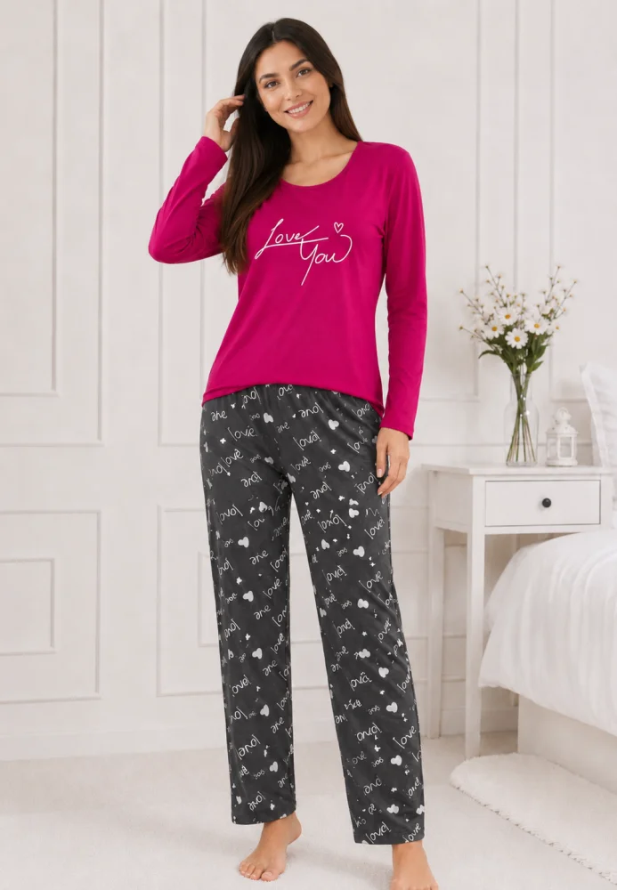 Pijama dama bumbac, set 2 piese bluza maneca lunga si pantaloni lungi, imprimeu inimi "Love You