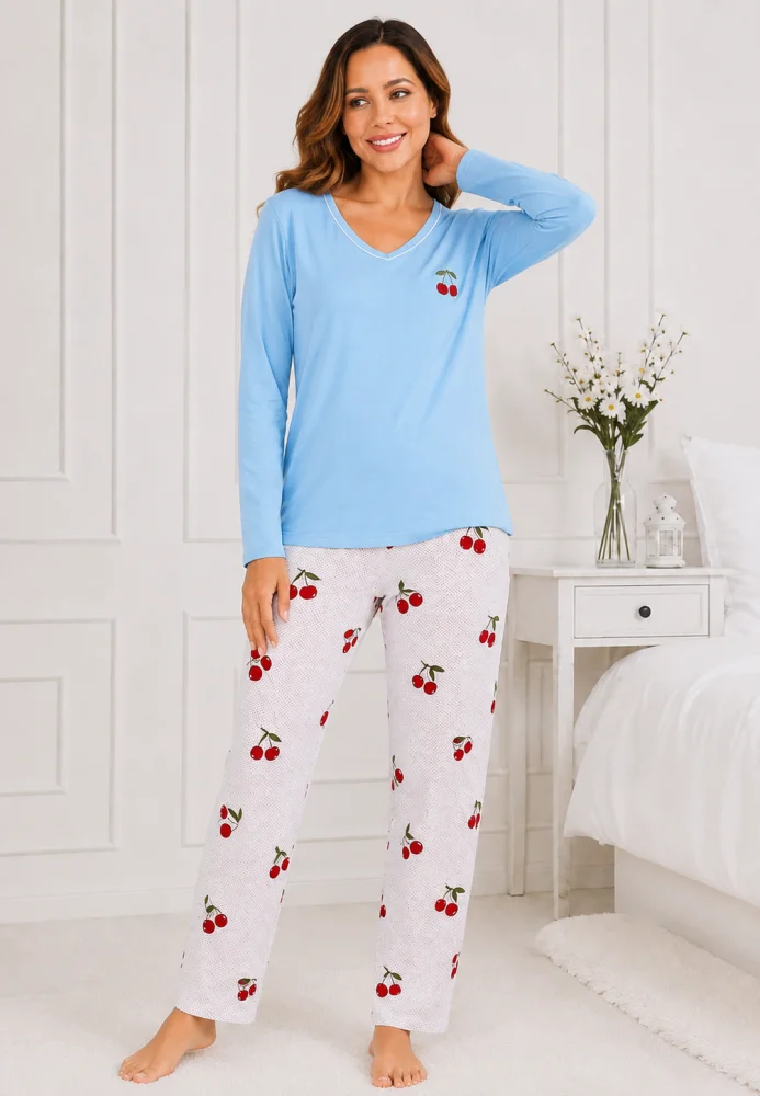 Pijama damă cu mânecă lungă și pantaloni cu imprimeu cireșe, bleu și alb — imagine 1
