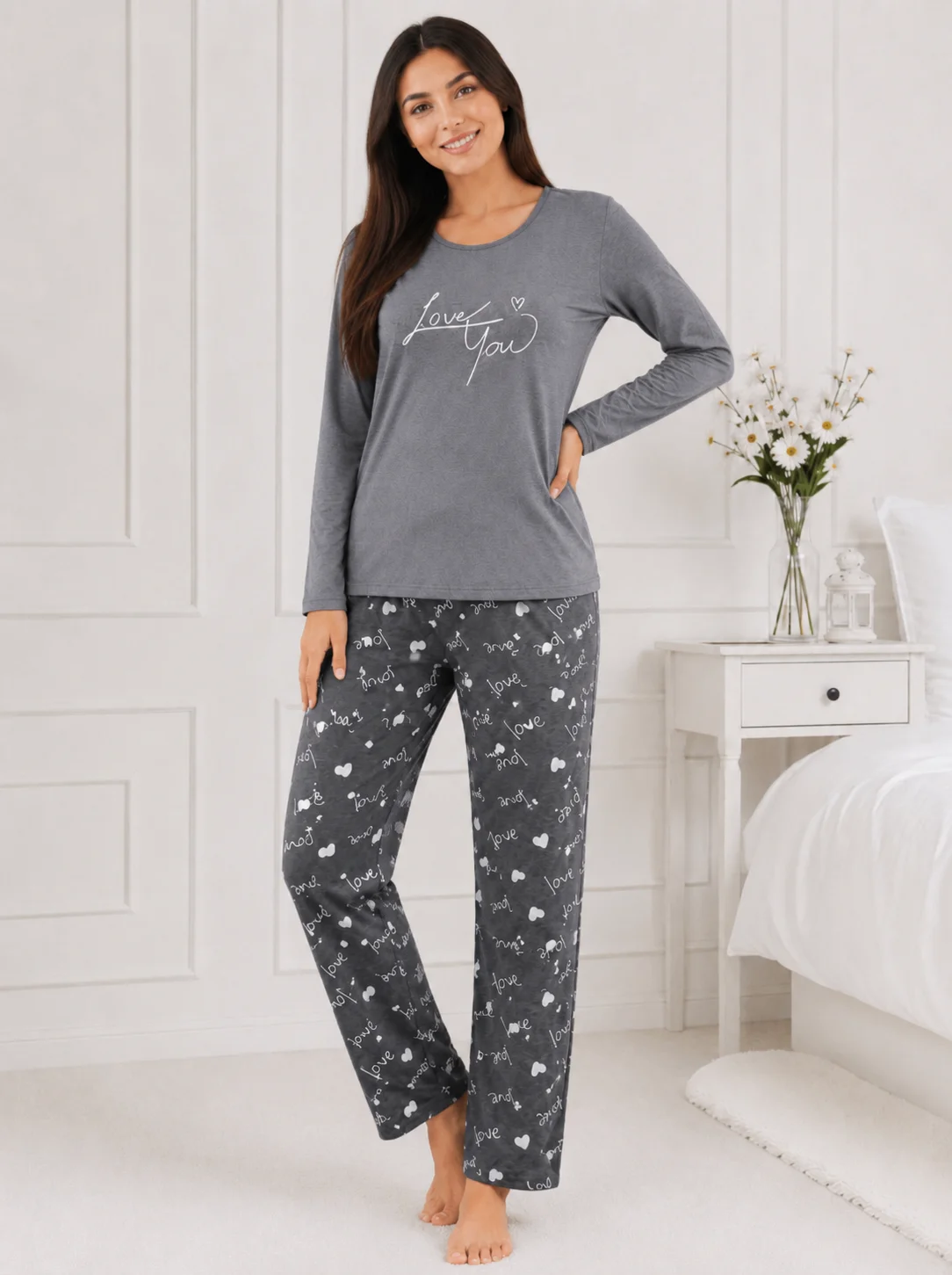 Pijama dama bumbac, set 2 piese bluza maneca lunga si pantaloni lungi, imprimeu inimi "Love You