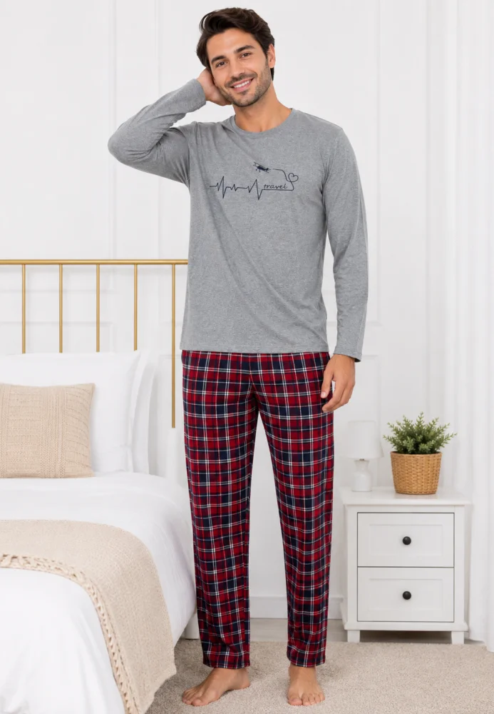 Pijama Bărbați Lejeră – Bluză Gri Melanj și Pantalon Carouri Roșu/Bleumarin