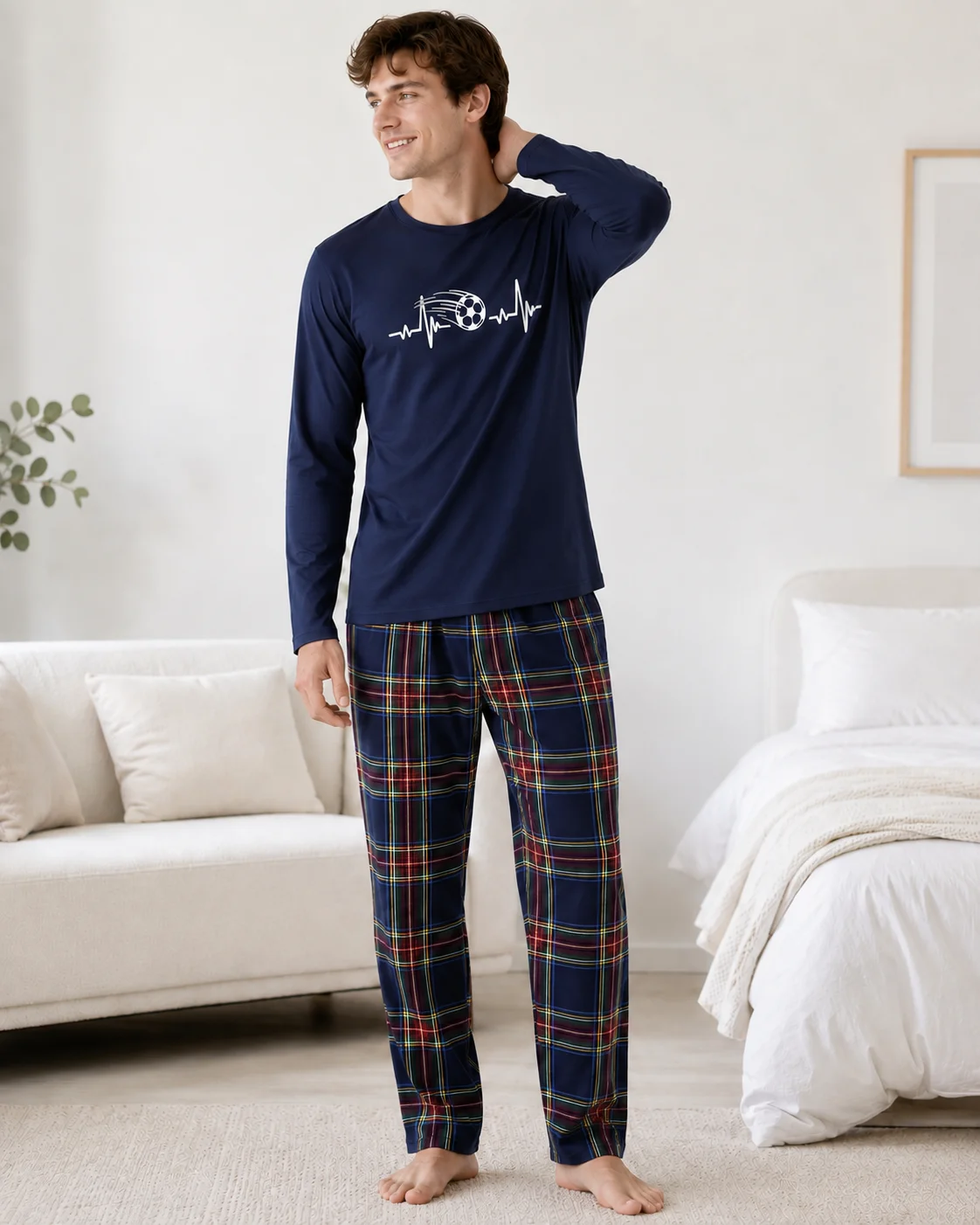 Pijama Bărbați cu Mânecă Lungă, bluză bumbac și pantalon în carouri,  Bleumarin și Pantalon Carouri