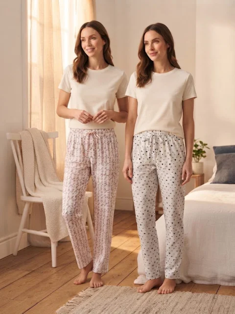 Pantaloni pijama damă, lungi, talie elastică cu șnur decorativ, imprimeu floral, Roz/Alb
