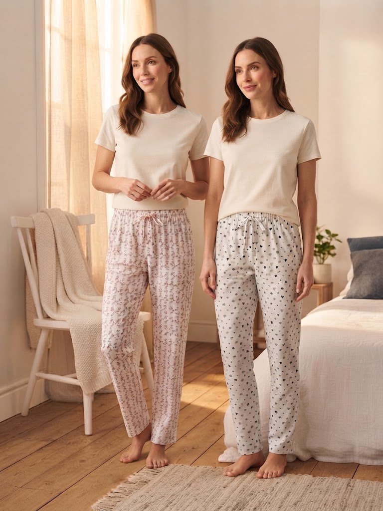 Pantaloni pijama damă, lungi, talie elastică cu șnur decorativ, imprimeu floral, Roz/Alb
